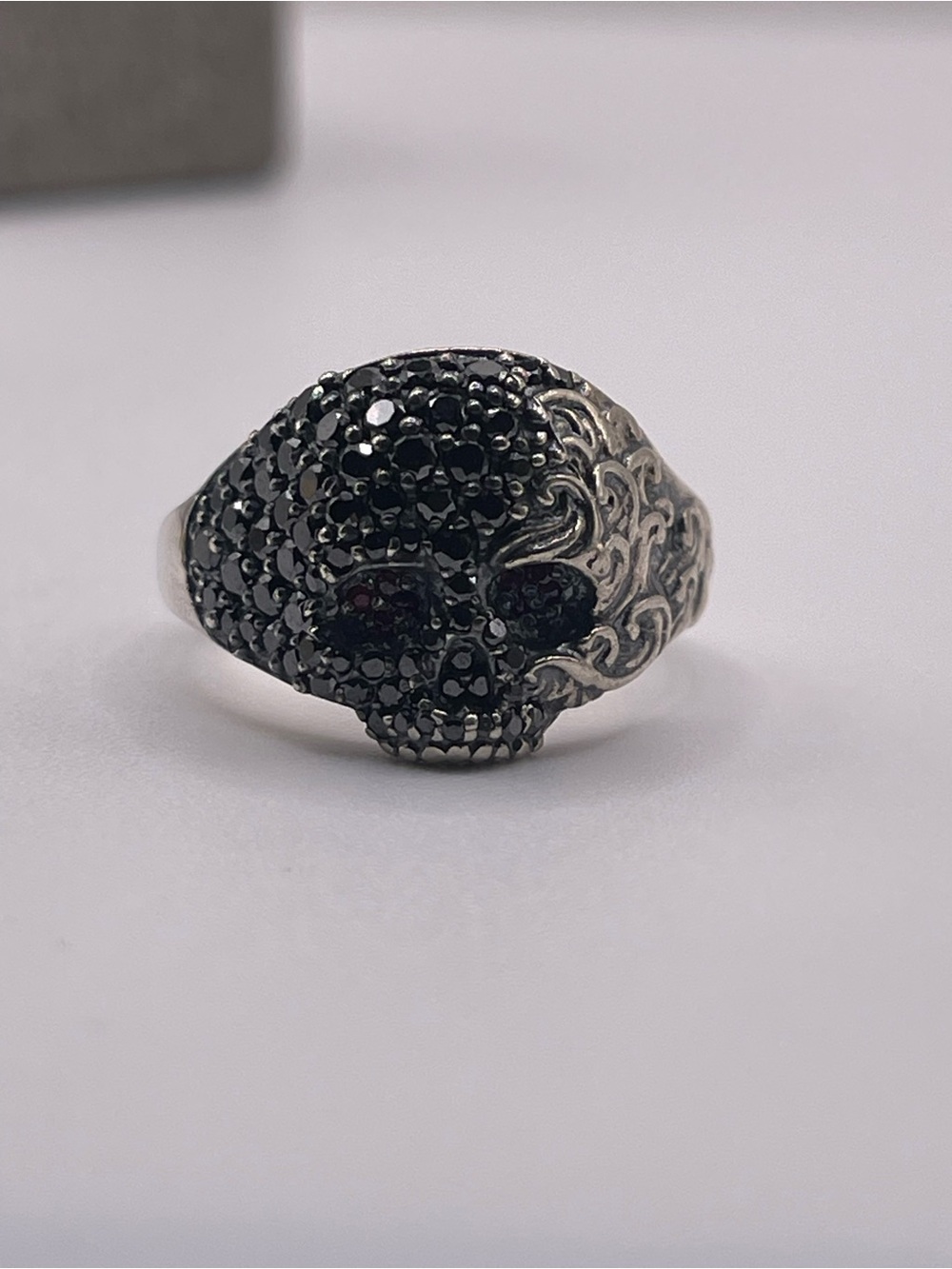 David Yurman Sterling Silver Skull Ring with Black Diamonds and Rubies - Picture 9 of 16
